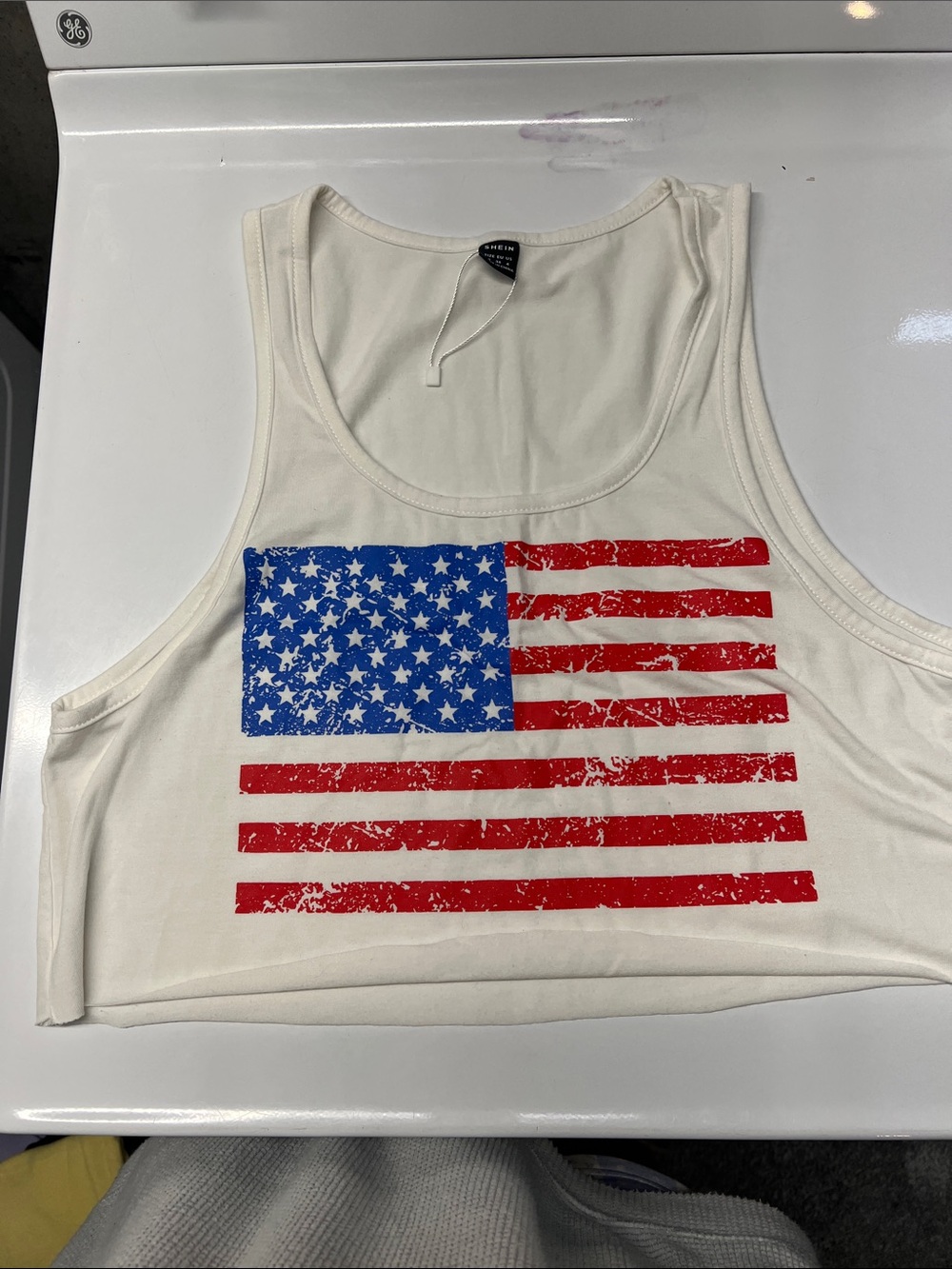 SHEIN White Crop Tank with Distressed American Flag